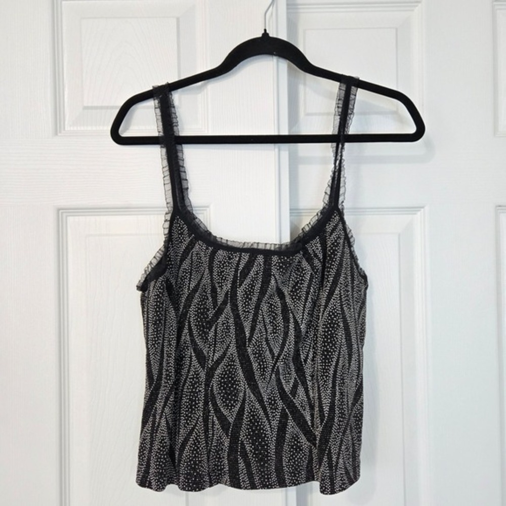 Vintage Y2K Black White Abstract Dot Wave Mesh Ruffle Trim Camisole Tank Top XL